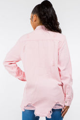 Trendy American Bazi Frayed Hem Distressed Denim Jacket for Women